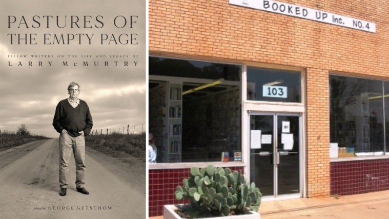 A composite image: at left, the cover of Pastures of the Empty Page, a book about Larry McMurtry. At right, one building in McMurtry's sprawling used bookstore empire, Booked Up, in Archer City, Texas.