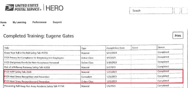 This image shows Eugene Gates' training records which were marked as complete for HIPP training on a date he was absent from work. 