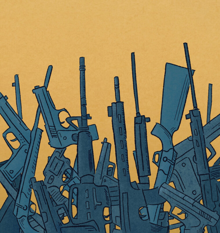 An illustration of a menacing array of guns and firearms pointed upwards.