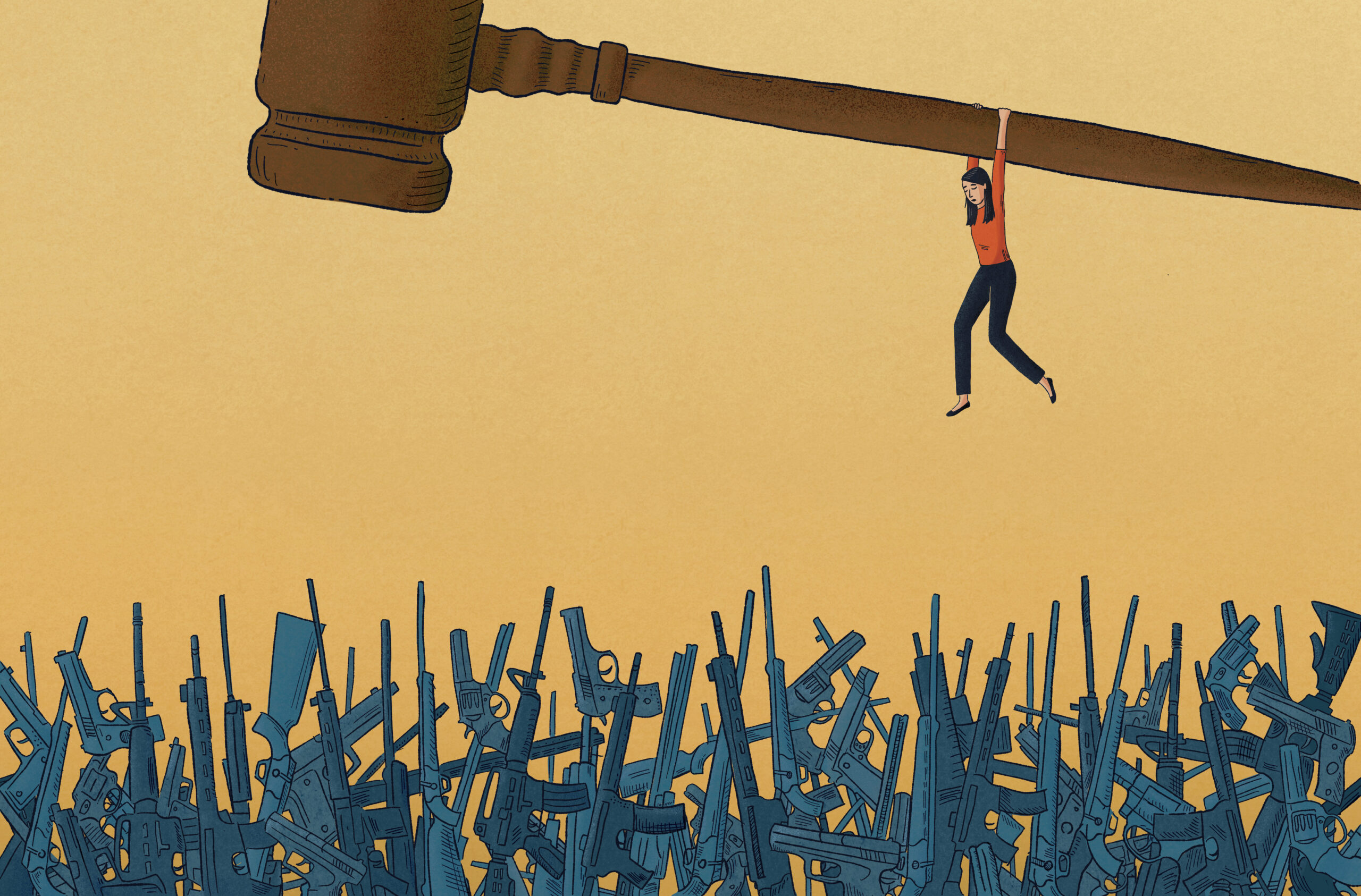 An illustration of a woman dangling from a judge's gavel as she perilously hangs over a field of guns and rifles aimed upwards at her ominously.