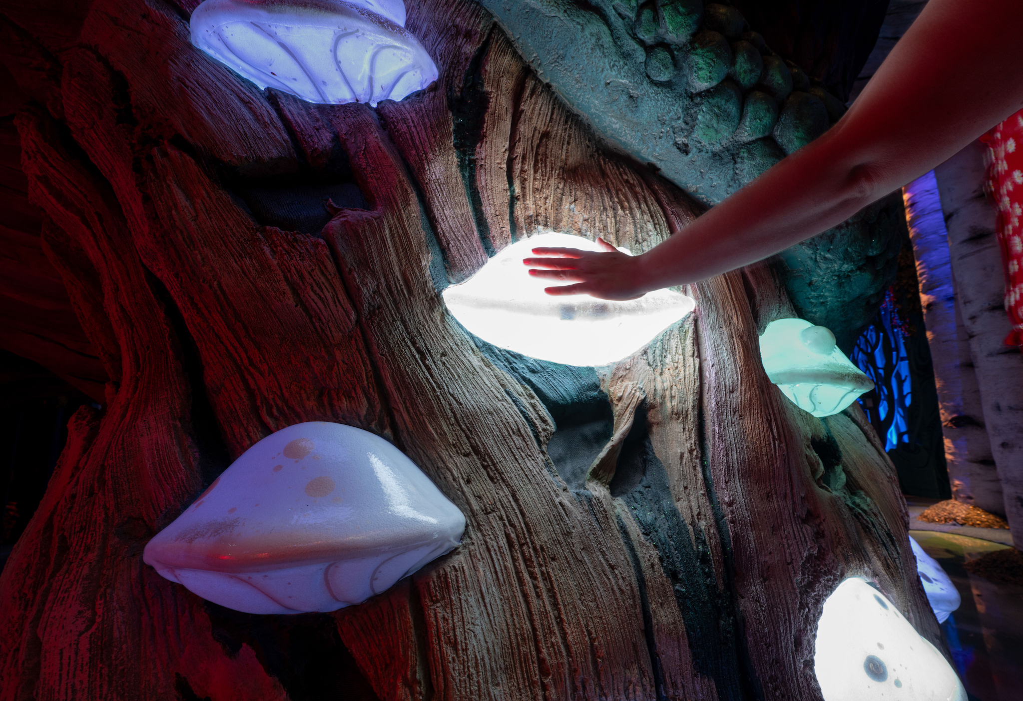 A hand reaches from off frame to touch a large mushroom-shaped object on a faux tree trunk, causing it to light up.