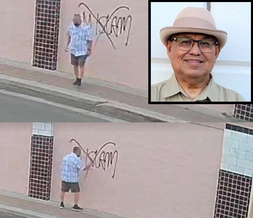 Surveillance footage shows a man in a checkered, light blue shirt spray-painting "No Islam" on an exterior wall with an "X" over it. A photo in the top right of Genovevo Izaguirre, the pastor of Mision Divina, who has been identified as the subject.