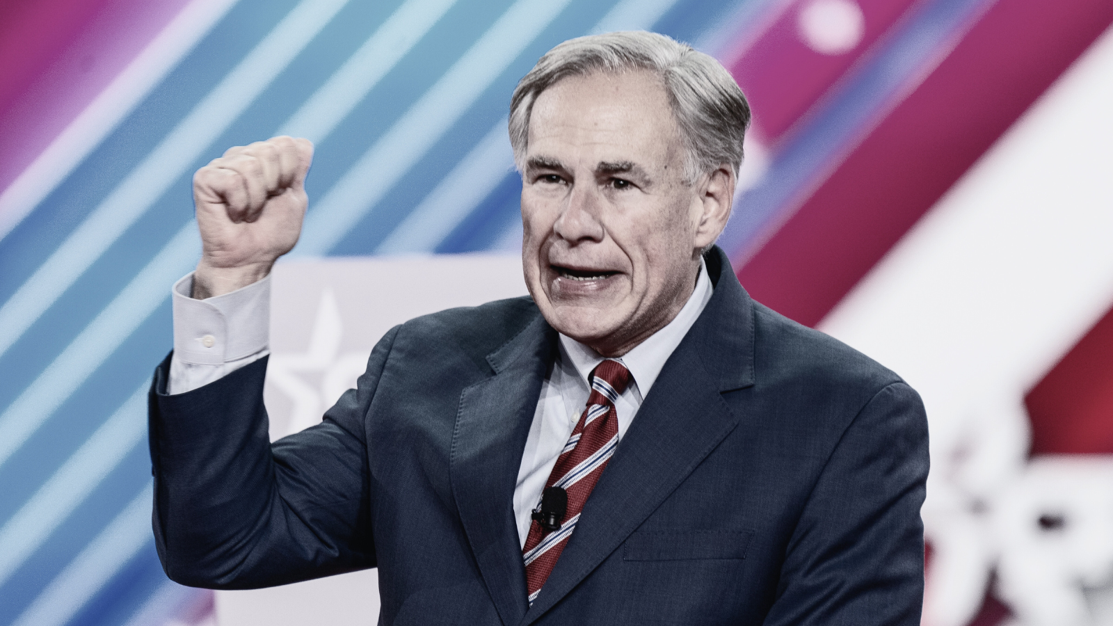 A photo of Governor Greg Abbott at a Texas GOP rally, dressed in a suit and pumping his fist. A filter has made the colors more washed out.