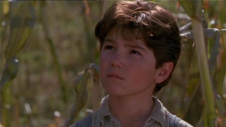 A film still of a young, short-haired boy in a button down shirt, shot at close-up from the neck up, as he stands in a cornfield.