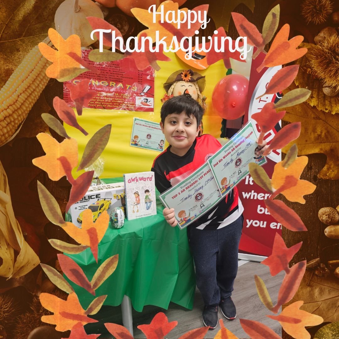 11-year-old Timothy Murray in front of fall foliage under text reading, "Happy Thanksgiving"