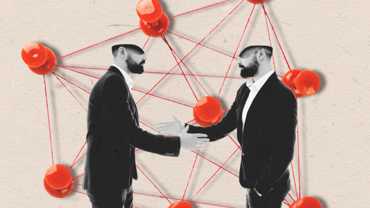 An illustration of two suited men shaking hands as they stand on an outline of the state of Texas. A conceptual illustration of a network, showing red pushpins interconnected by red lines, floats behind them.