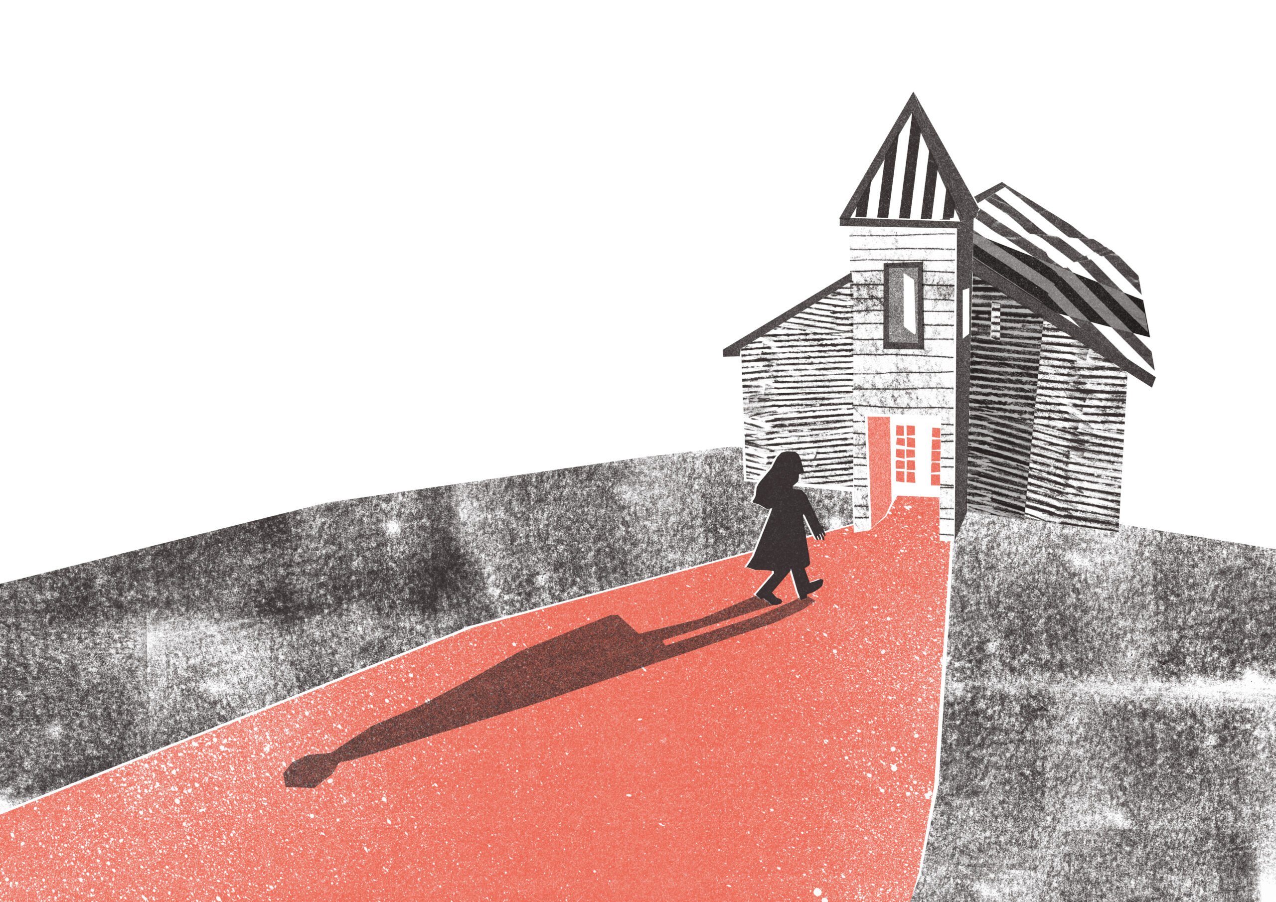 A conceptual illustration of Refuge Ranch, showing a female silhouette walking up a red pathway towards a cottage rendered in black, white and red.