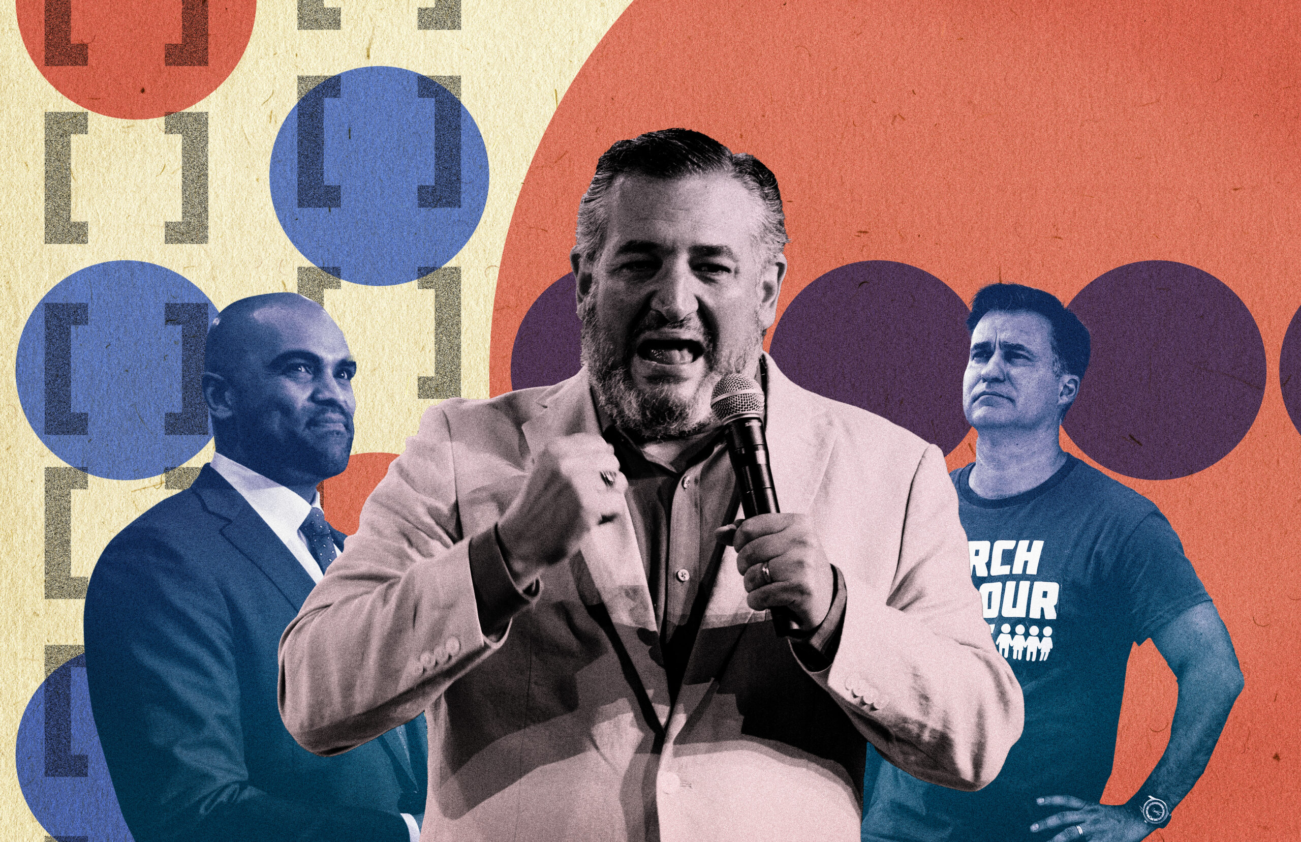 A collage image of Colin Allred, Ted Cruz and Roland Gutierrez. Cruz is centered in black nd white, while Gutierrez and Allred are behind him, with a cold blue filter on their photos. Abstract circls and brackets make up the background.