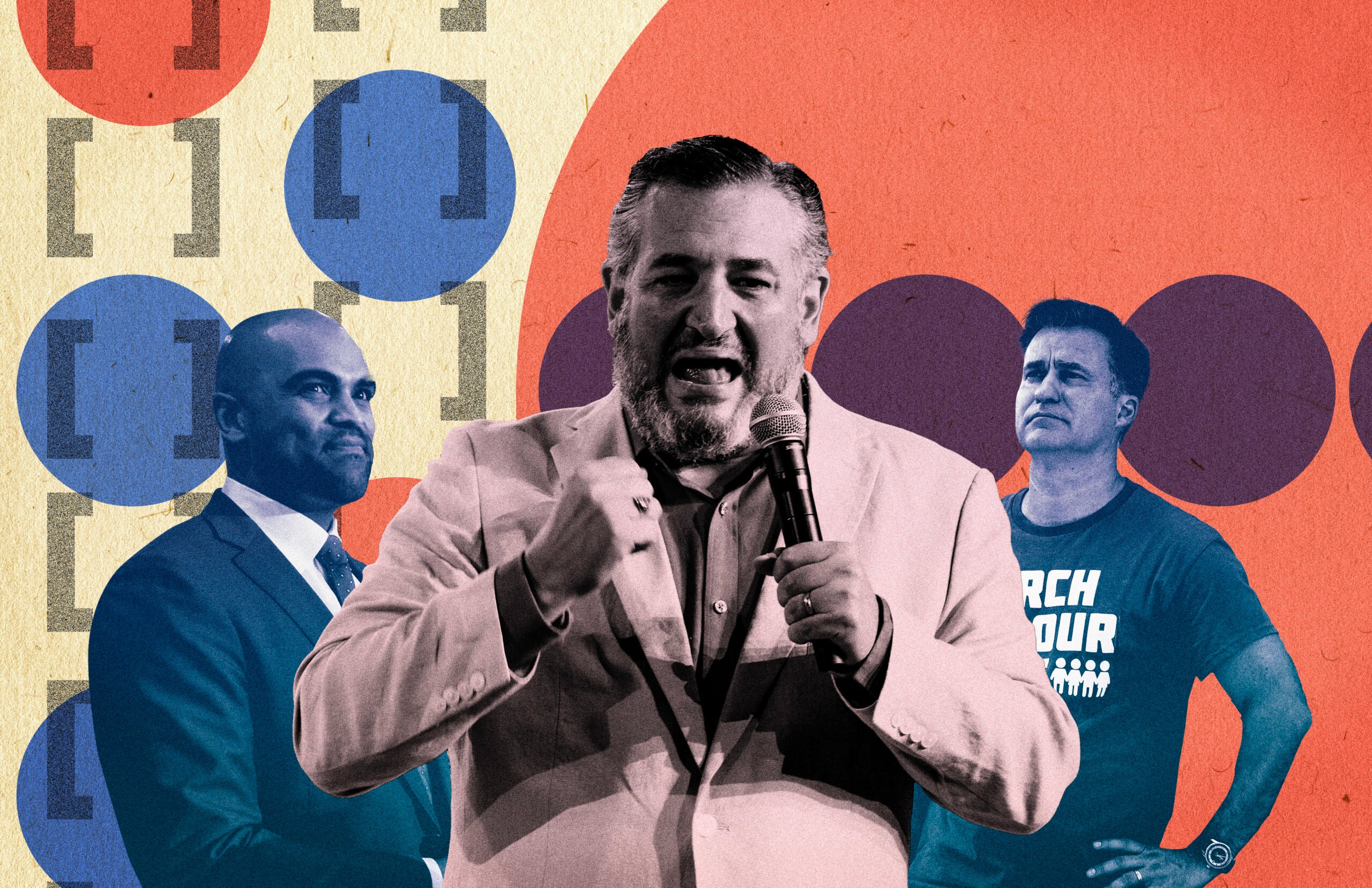 A collage image of Colin Allred, Ted Cruz and Roland Gutierrez. Cruz is centered in black nd white, while Gutierrez and Allred are behind him, with a cold blue filter on their photos. Abstract circls and brackets make up the background.