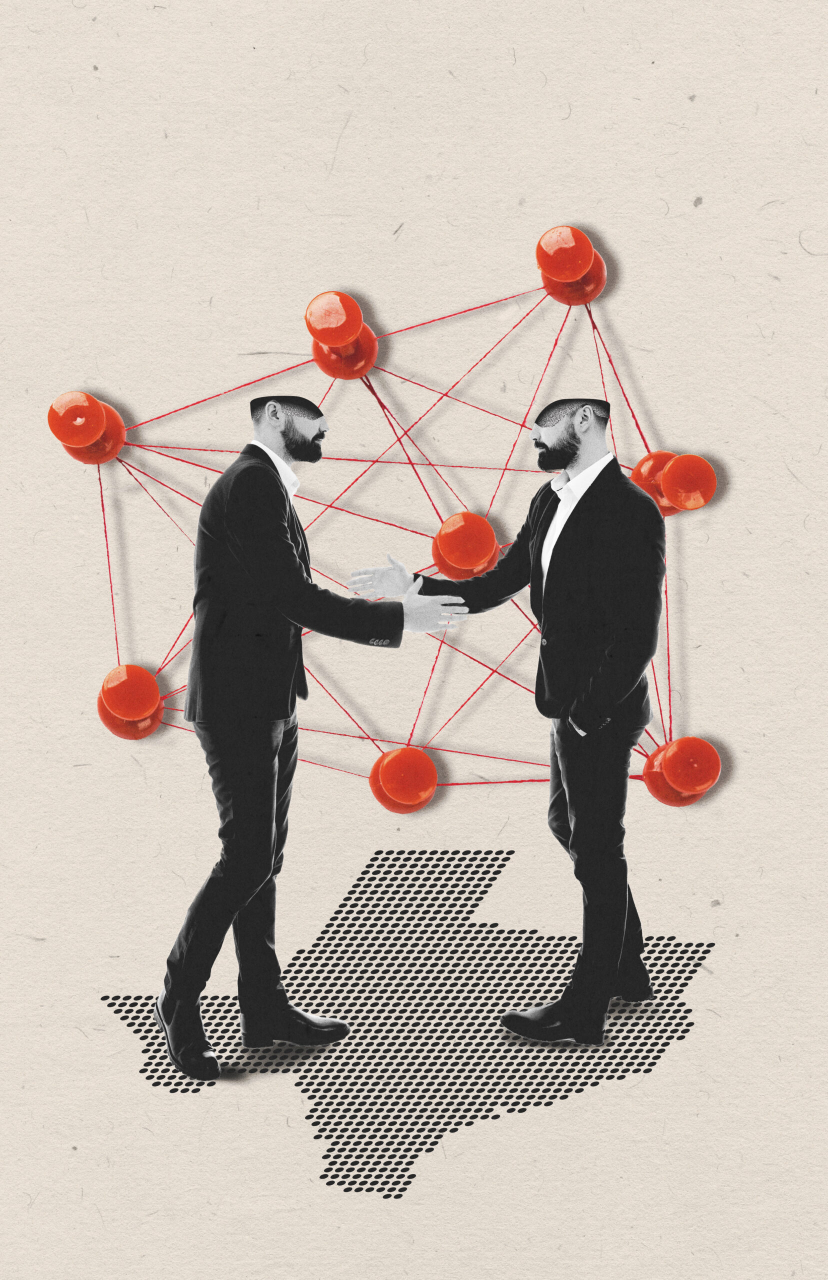 An illustration of two suited men shaking hands as they stand on an outline of the state of Texas. A conceptual illustration of a network, showing red pushpins interconnected by red lines, floats behind them.