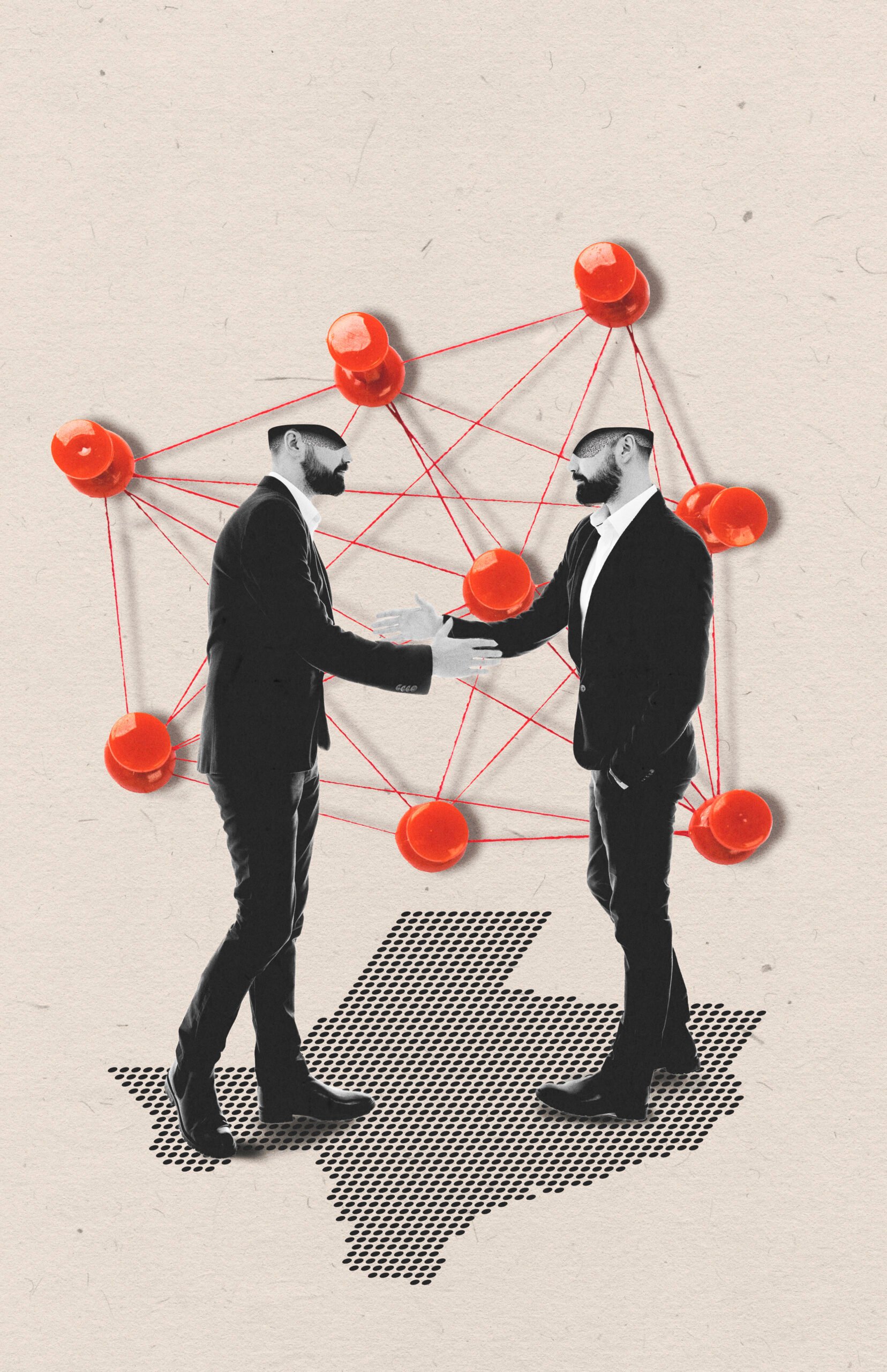 An illustration of two suited men shaking hands as they stand on an outline of the state of Texas. A conceptual illustration of a network, showing red pushpins interconnected by red lines, floats behind them.