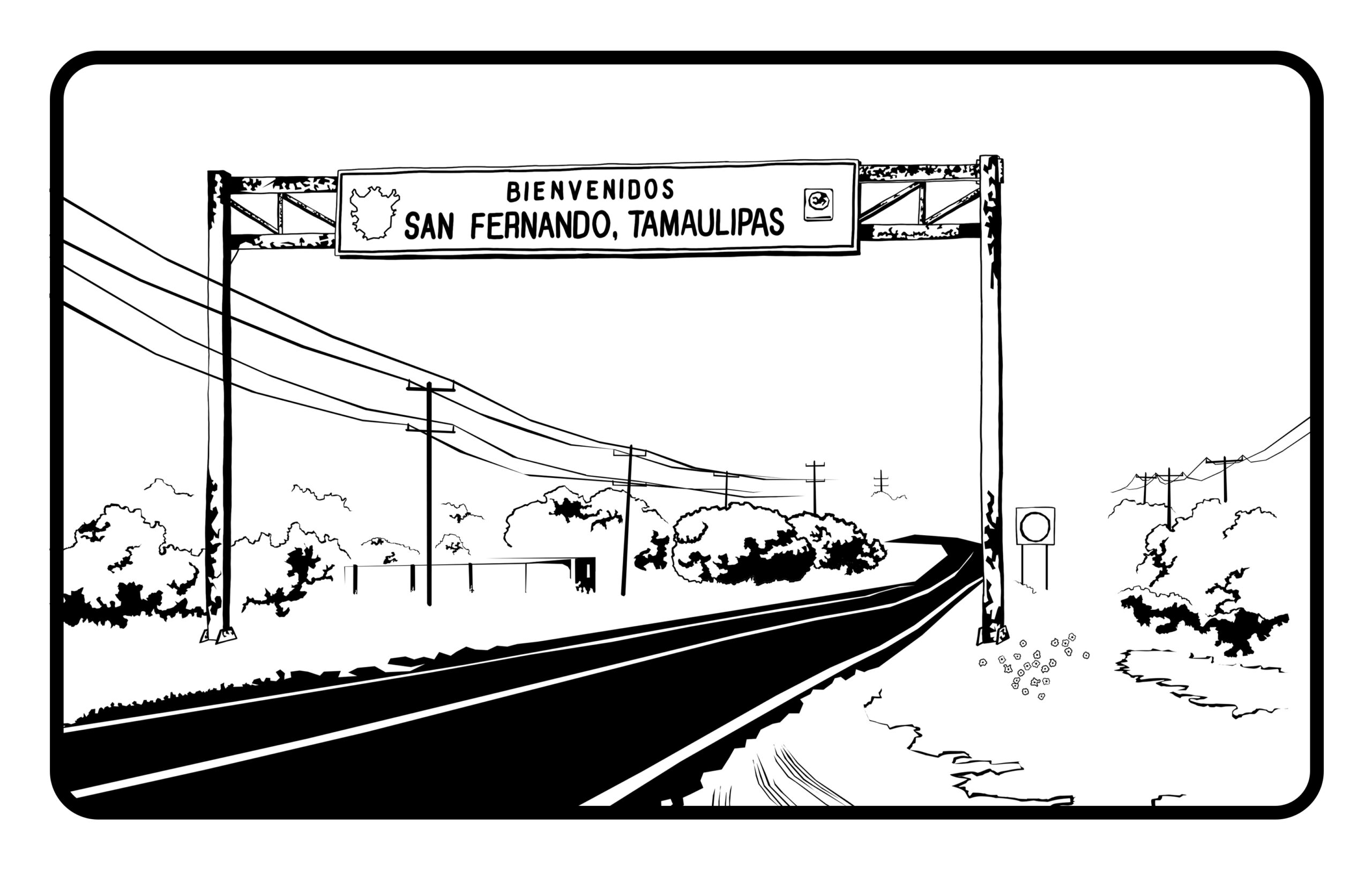 A black and white illustration of a worn looking highway sign which reads, "Bienvenidos San Fernado, Tamaulipas"