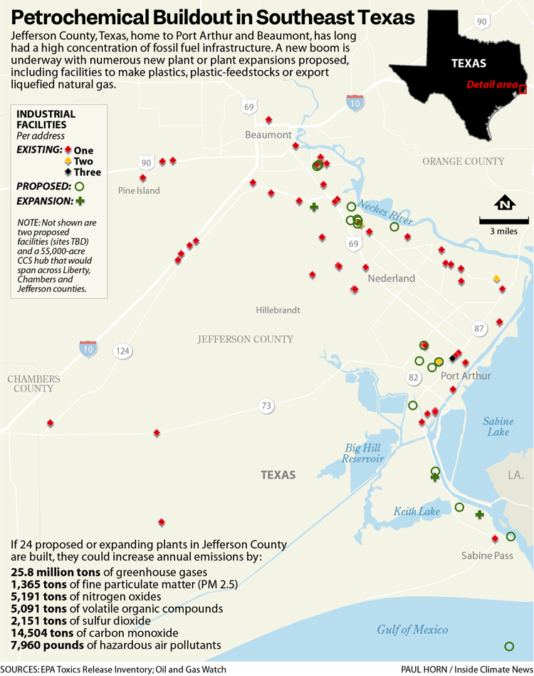 A map of the Beaumont and Port Arthur region, dotted with markers showing the many existing and rapid expansion of petrochemical plants in Southeast Texas.