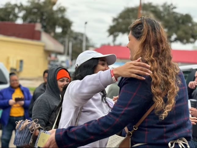 Lauren Ashley Simmons greets a supporter during a campaign event organized by Equality Texas on February 17. 