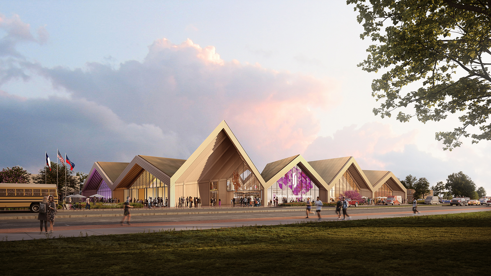 An artists rendering of the Juneteenth museum complex by a roadside, with people walking and running past, as well as a schoolbus of kids arriving. The roofs of the buildings are pointed, gabled with glass facades on the outsides of them.