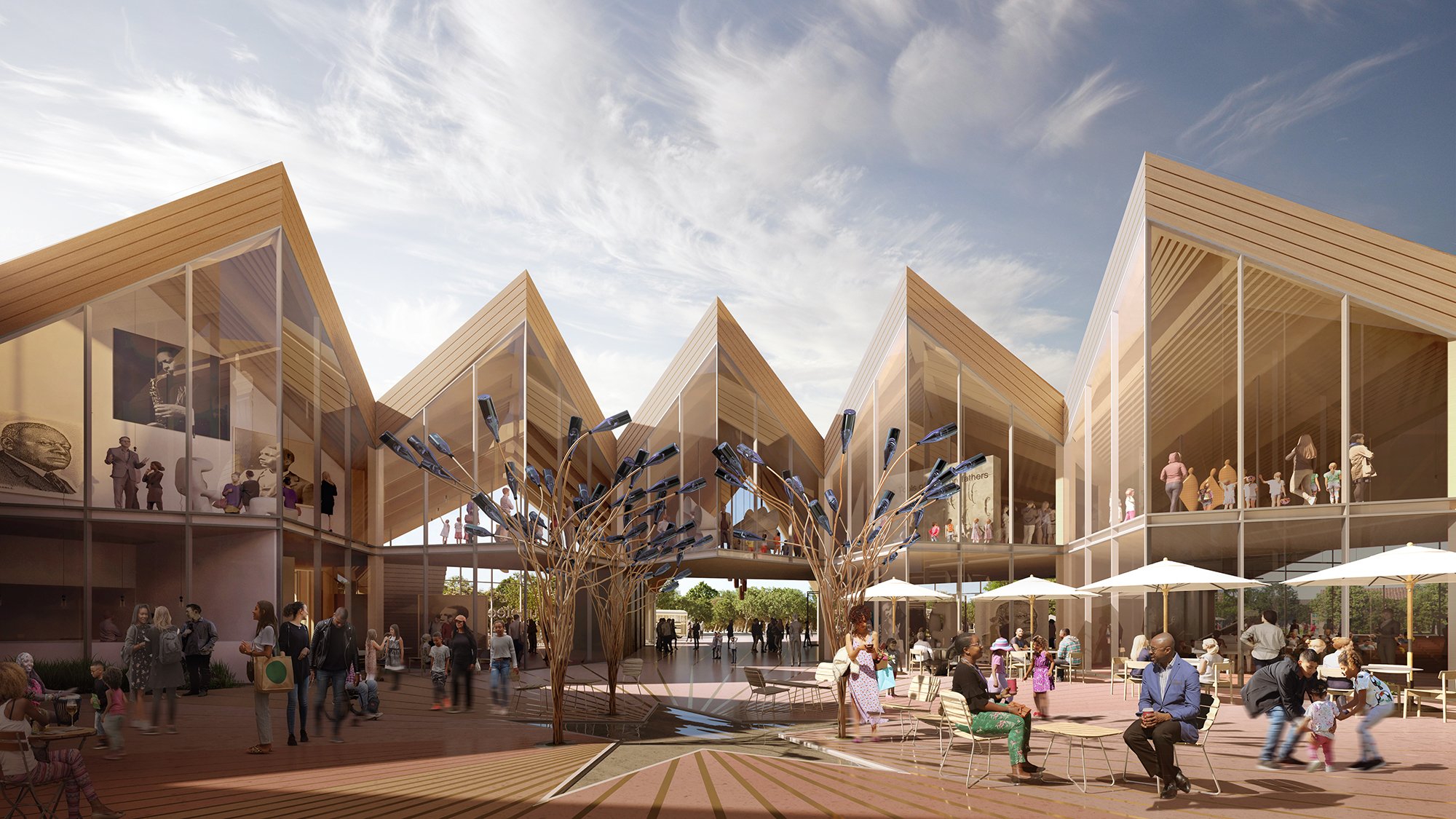 A rendering of the Juneteenth Museum site shows a cluster of matching hoomes with glass facades and pointed, gabled roofs around a central courtyard with sculptural trees. Rendered people rest, talk and explore the site.