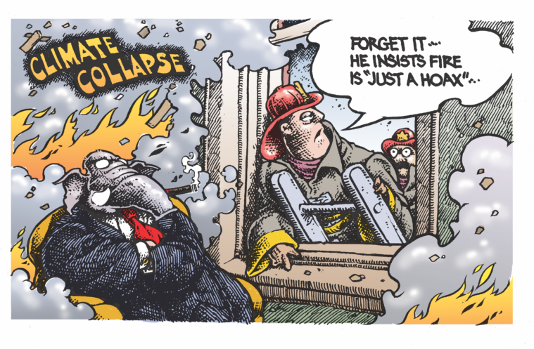 A cartoon of firefighters accessing a burning building via a window, only to discover a Republican elephant inside. The fire is labeled "Climate Collapse." One firefighter turns to another and says, "Forget it—he insists fire is just a hoax."